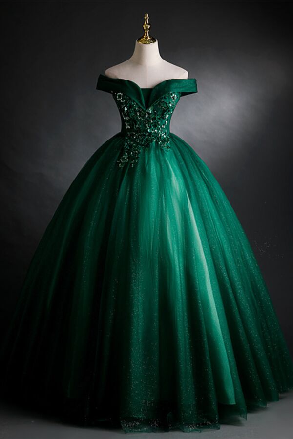 Emerald Green Off-Shoulder Ball Gown – Glitter Tulle Princess Dress with Beaded Bodice