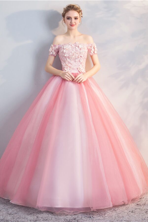 Off-Shoulder Ball Gown – 3D Floral Lace Bodice & Layered Tulle Skirt