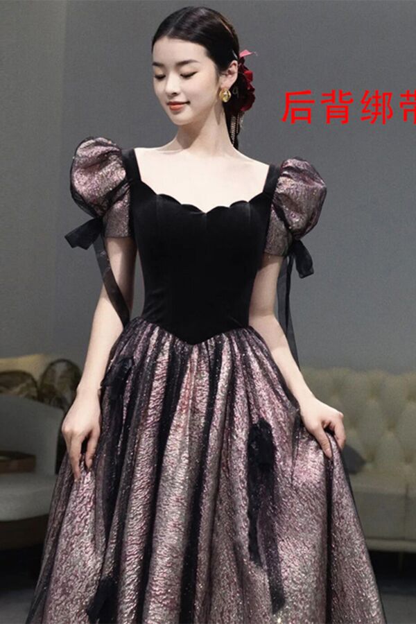 Wine Red Velvet Bodice, Puff Sleeves, Metallic Skirt