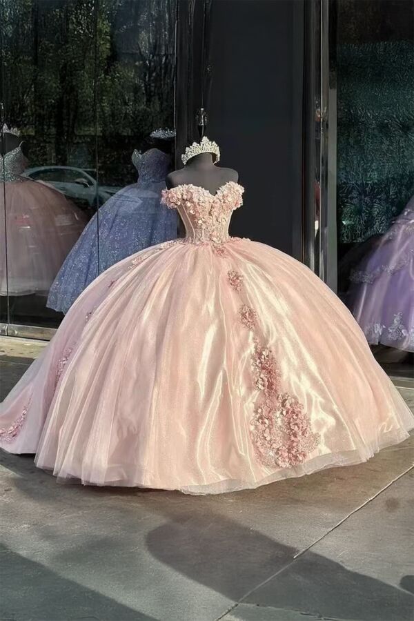 Blush Enchantress – Champagne Pink Floral Ball Gown