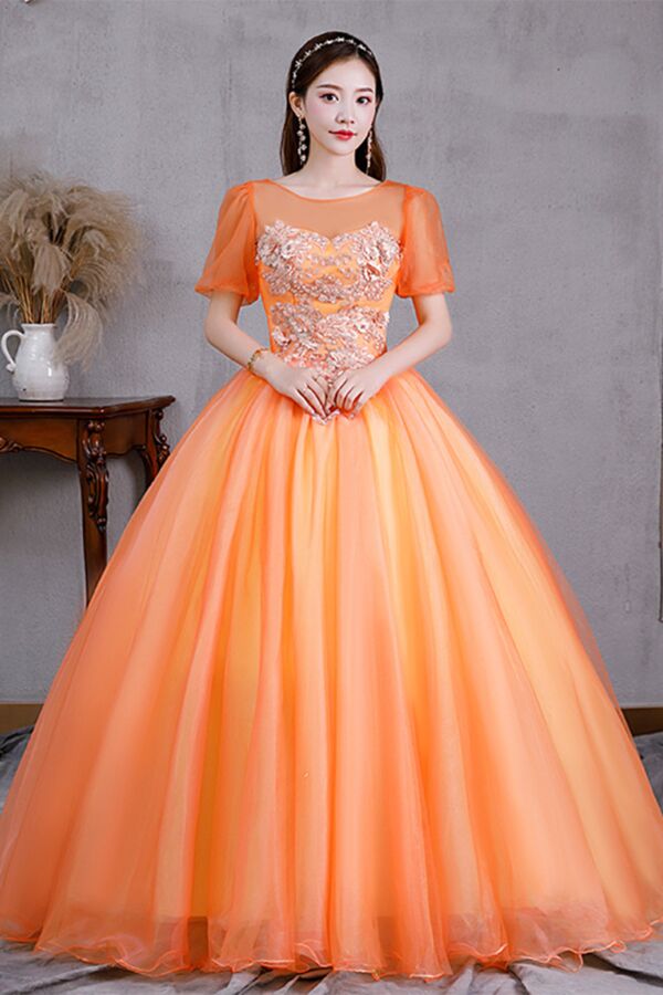 Sheer Short Sleeves, Beaded Floral Bodice, Full Tulle Skirt