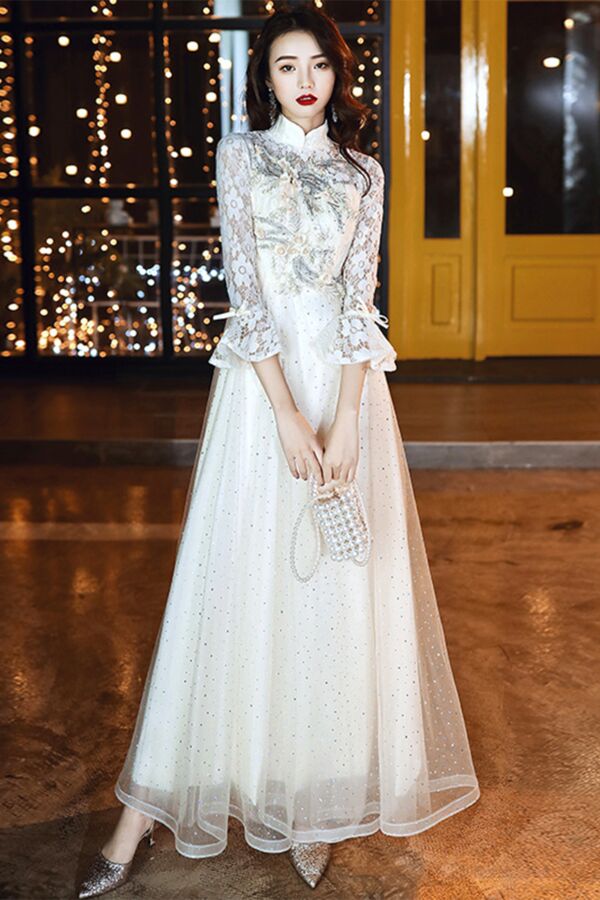 Ivory Mandarin-Collar Evening Gown