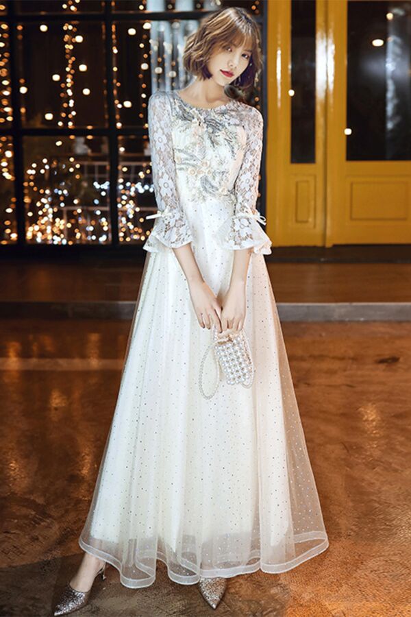 Sheer Lace Bodice, Ruffled Sleeves, Dotted Glitter Skirt