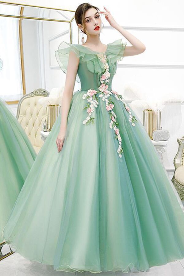 Sage Green Ruffled-Shoulder Ball Gown