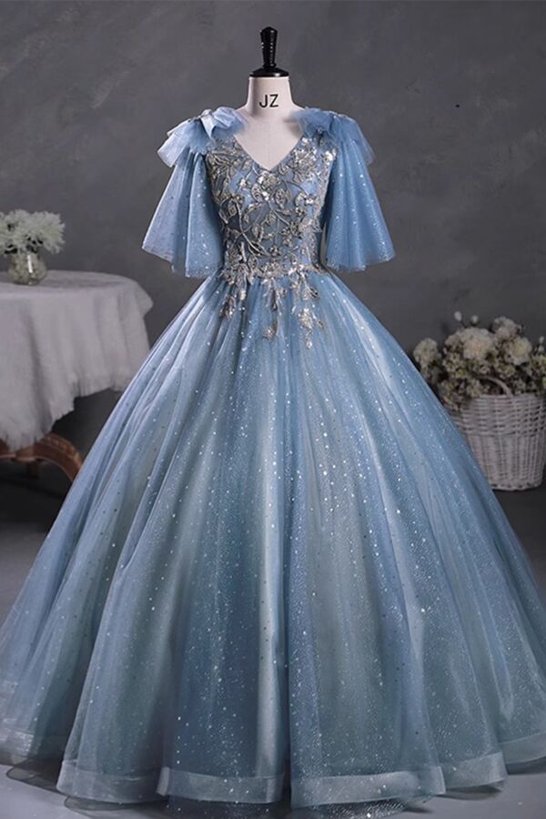 V-Neck Beaded Floral Bodice & Cape Sleeves