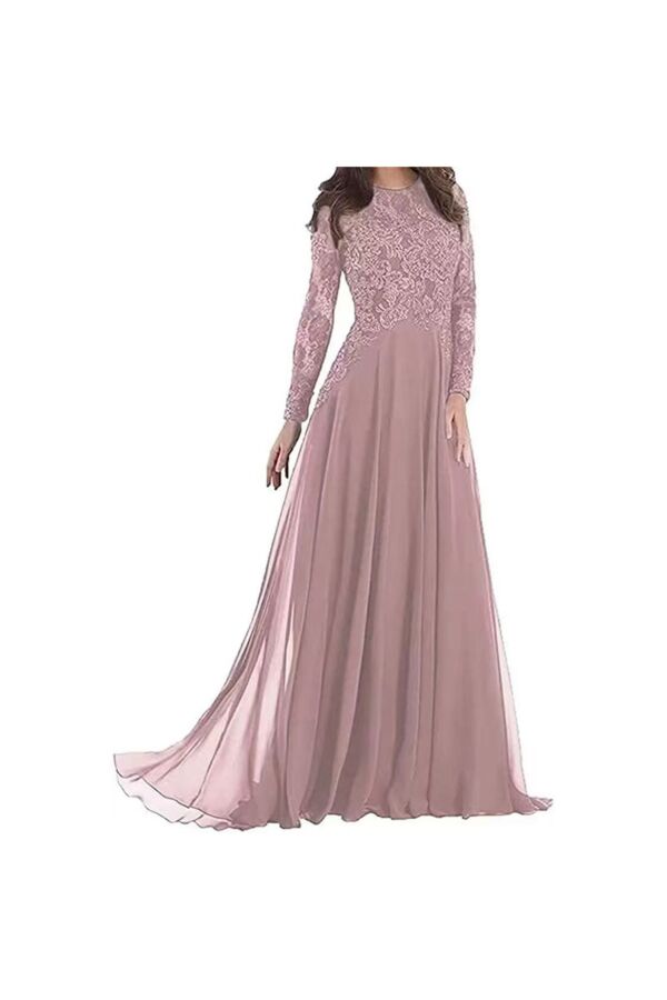 Long-Sleeve Lace Evening Gown – Crew Neck, A-Line Chiffon Skirt
