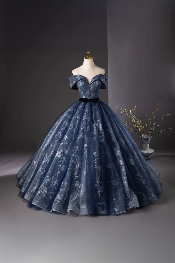 Midnight Blossom – Off-Shoulder Navy Tulle Ball Gown with Floral Embroidery