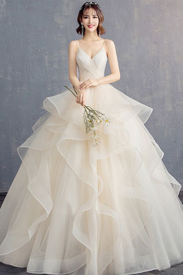 V-Neck Ruched Bodice, Cascading Ruffle Tulle Skirt