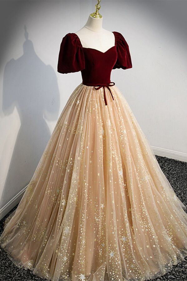 Burgundy Velvet & Champagne Star Tulle Ball Gown