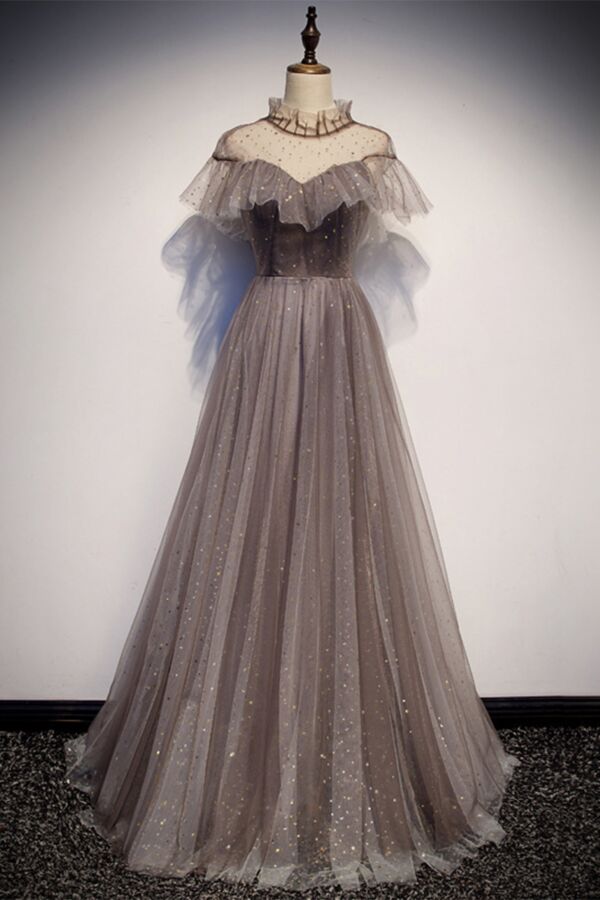 Vintage Grey Sparkle A-Line Prom Dress with Sheer Ruffled Neck
