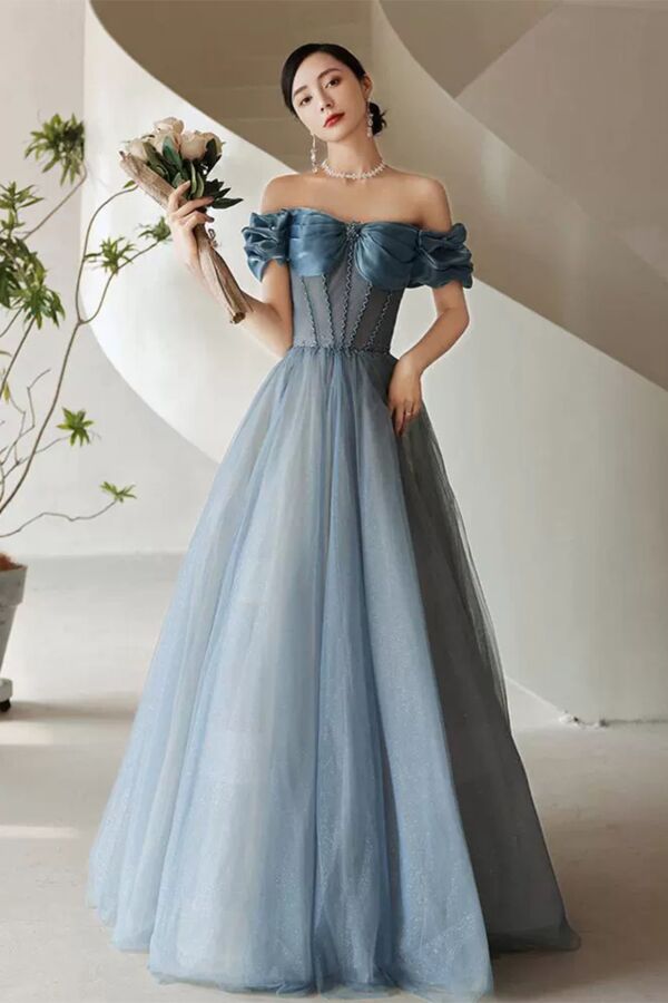 Slate Blue Romantic Corset Gown with Shimmer Skirt