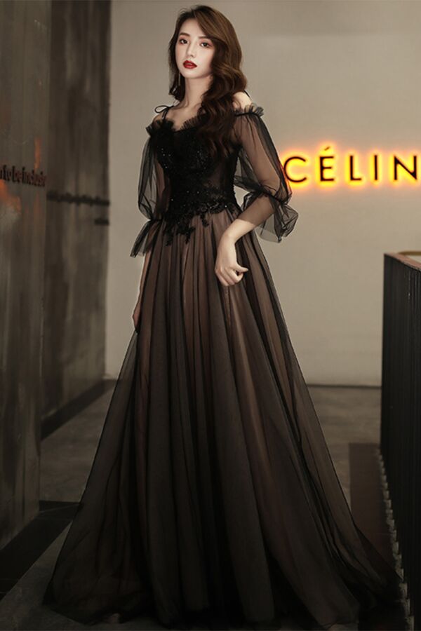 Shadow Symphony Sheer-Sleeve Gown