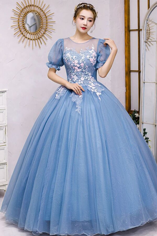 Frosted Bloom Illusion-Neckline Gown