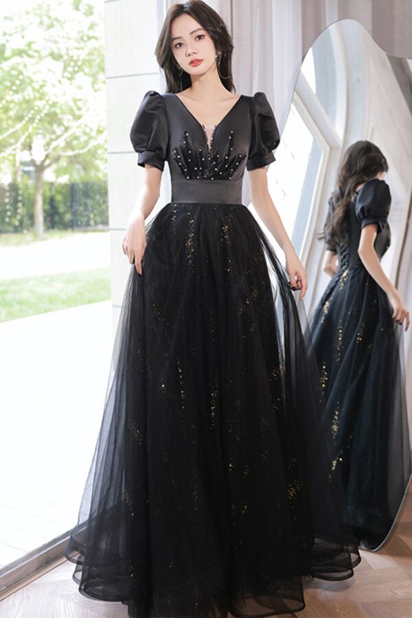 Starlit Noir V-Neck Evening Dress