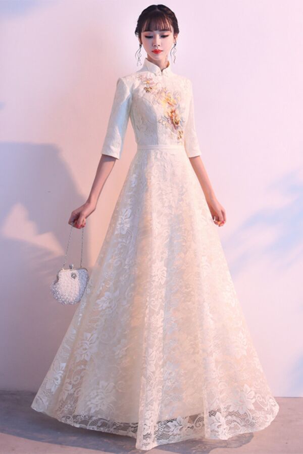 Pearl Bloom Embroidered Cheongsam Evening Dress