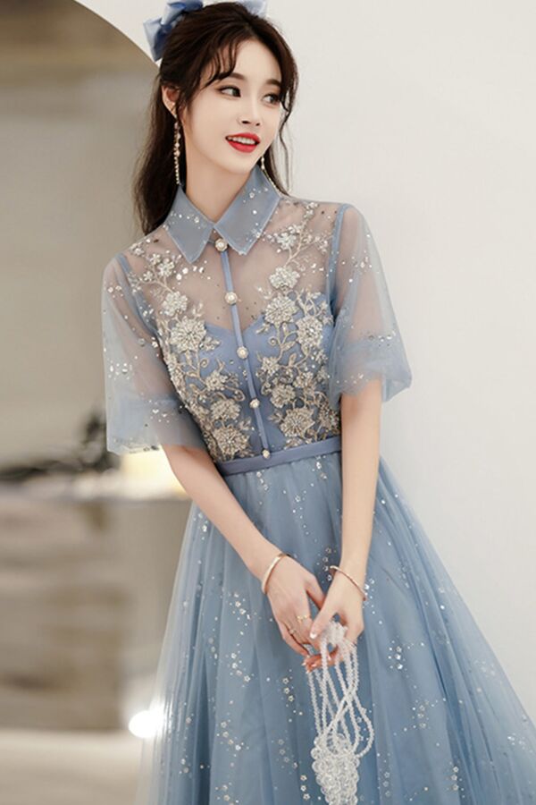 Sheer Flutter-Sleeve Sequin Maxi Dress