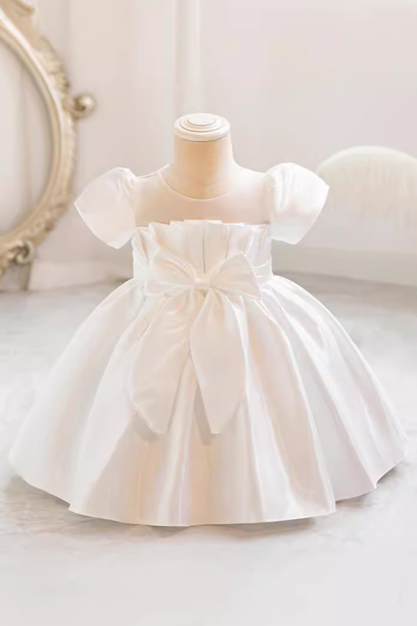 Girls' Satin Bow-Tie Party Dress with Puff Sleeves
