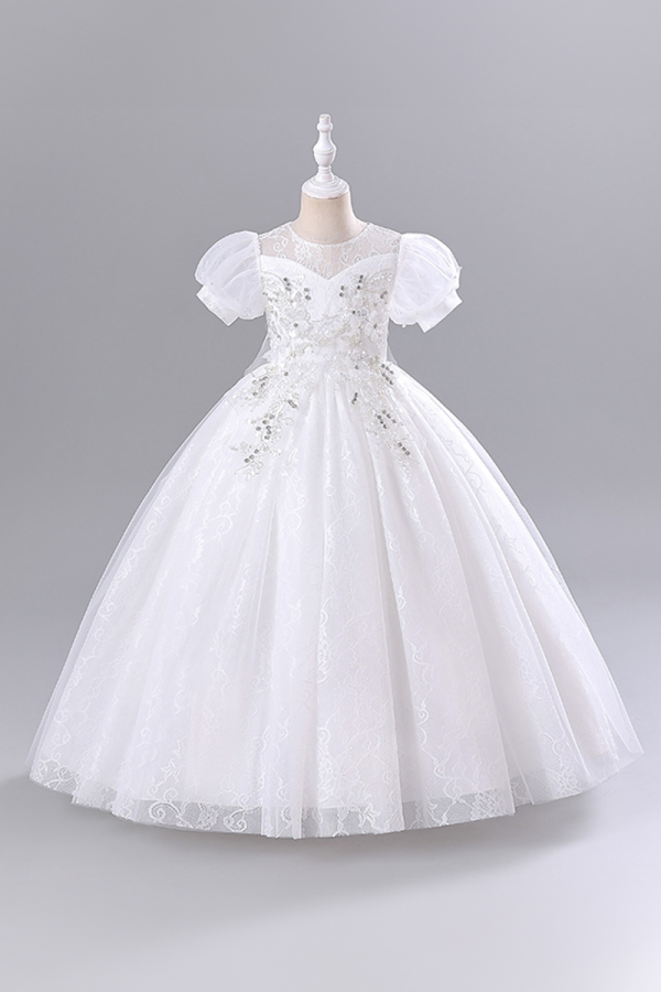 Girls' White Lace Floral Embellished Puff Sleeve Princess Dress