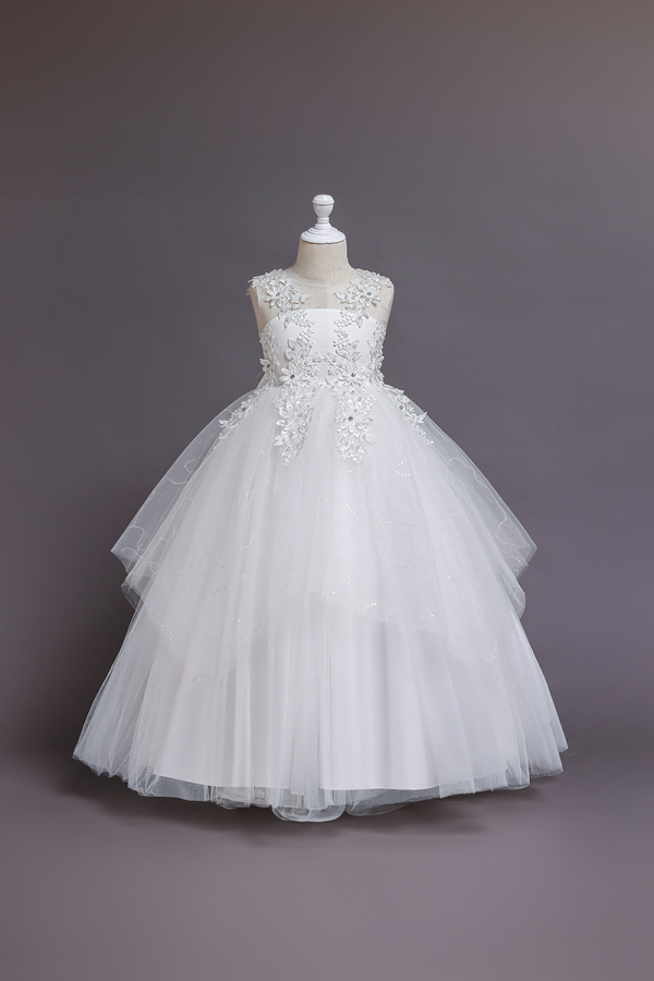 Girls' White Floral Sequin Embellished High-Low Tulle Princess Dress