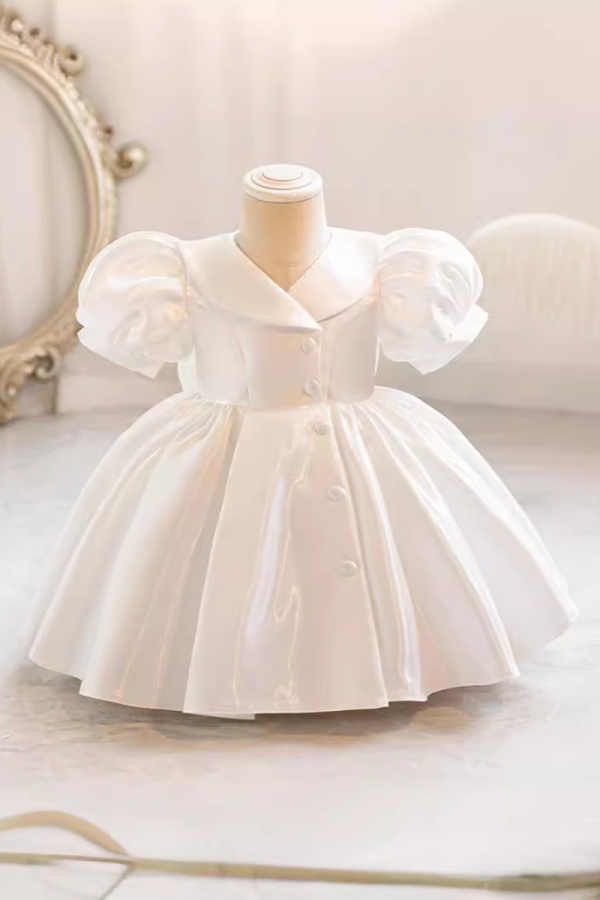 Girls' White Satin Puff Sleeve Button-Front Dress