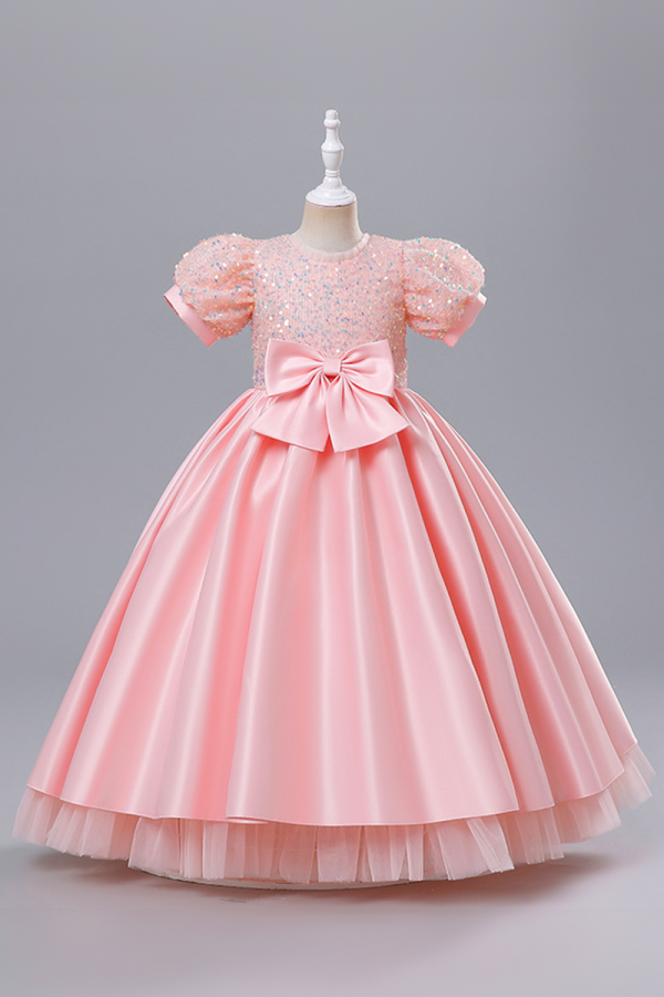 Girls' Pink Sequin Puff Sleeve Dress with Satin Bow and Tulle Skirt