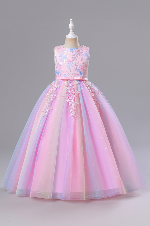 Girls' Pink and Purple Floral Embellished Tulle Princess Dress