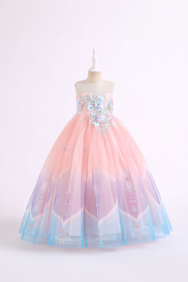 Girls' Peach and Blue Floral Embellished Tulle Princess Gown