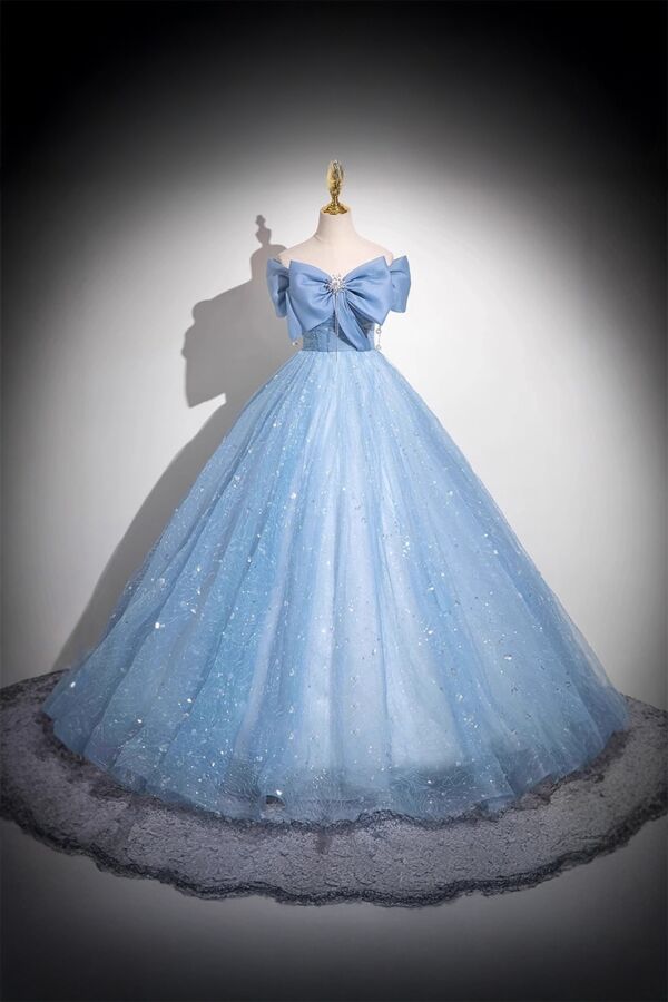 Celestial Bow – Sparkling Blue Tulle Ball Gown with Off-Shoulder Design