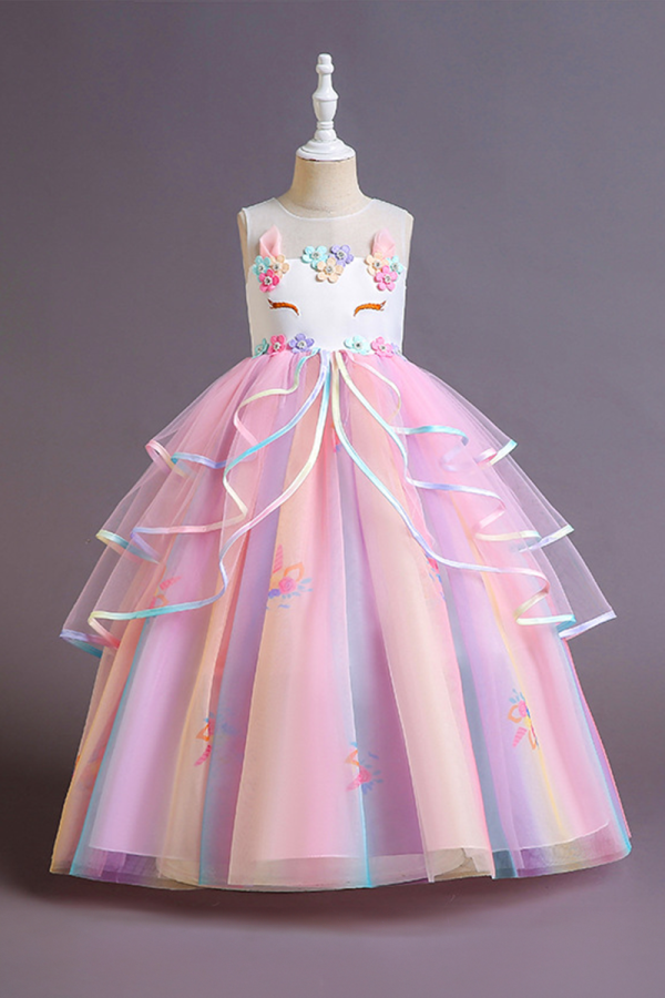 Girls'  Tulle Dress with Floral Embellishments and Ruffled Layers