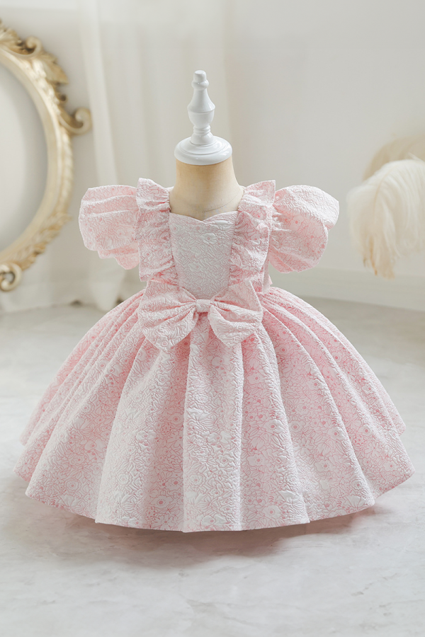 Girls' Pink Floral Lace Dress with Ruffled Sleeves and Bow Detail