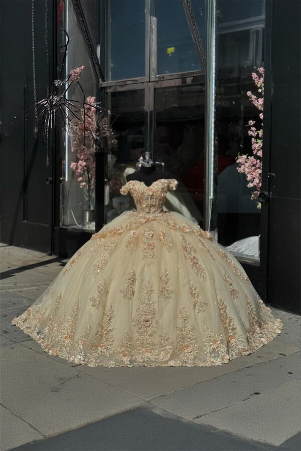 Golden Blossom – Champagne Floral Ball Gown