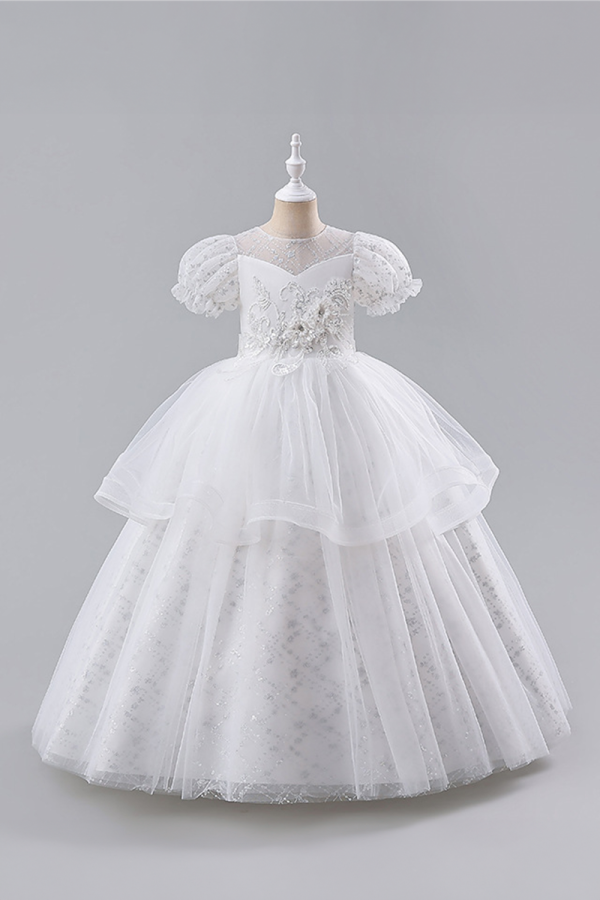 Fairy Tale White Tulle Dress with Floral Embroidery and Puff Sleeves