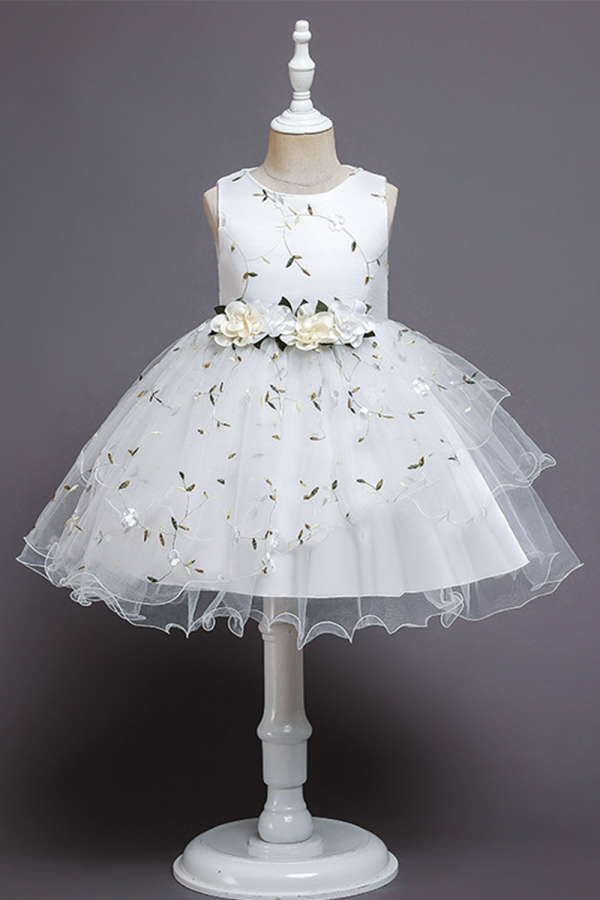 Delicate White Embroidered Tulle Dress with Floral Waistband