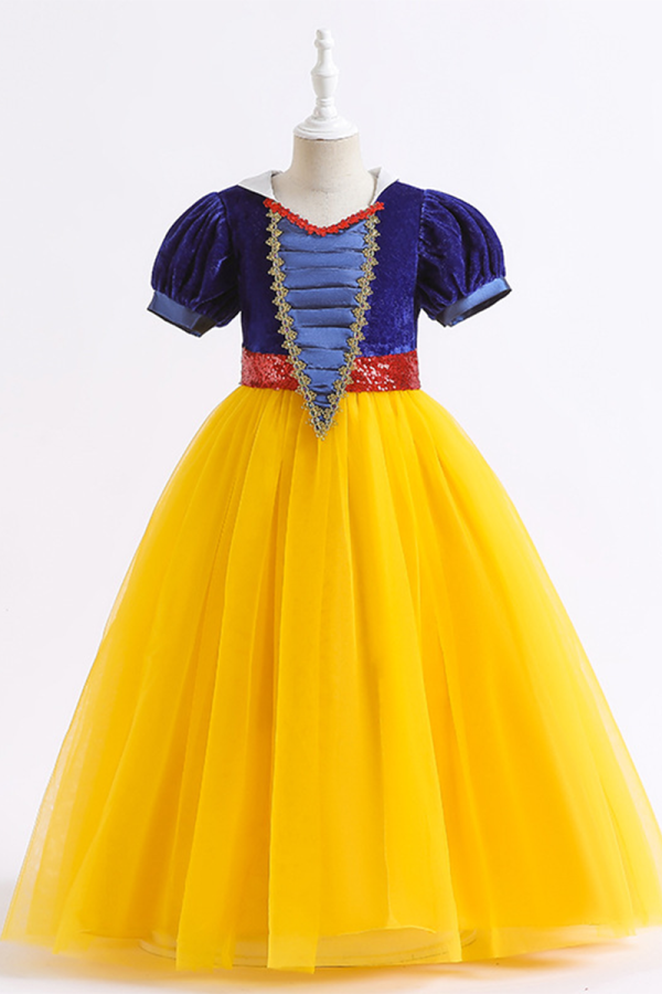Snow White-Inspired Velvet and Tulle Dress with Gold Trim