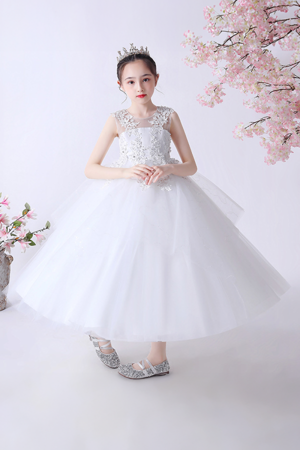 Elegant White Tulle Dress with Floral Lace Bodice and Sparkling Skirt