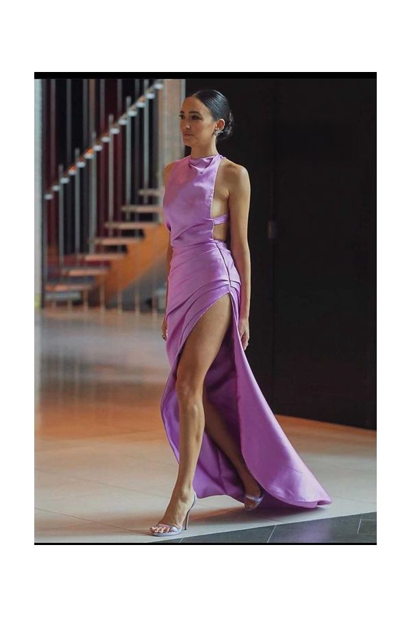 Abby Gemli Inspired Lilac Satin Celebrity Formal Prom Dress with Slit