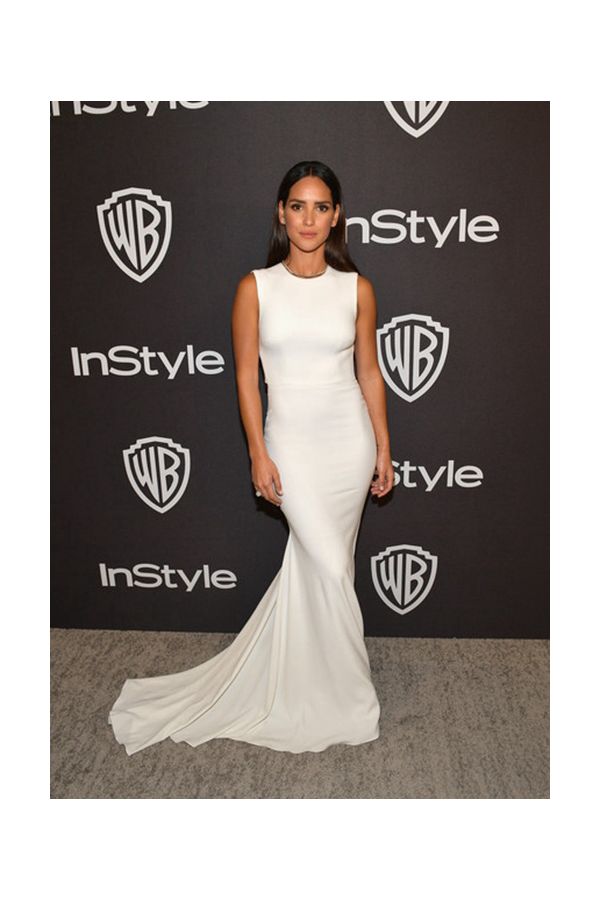 Adria Arjona White Open Back Long Formal Dress Golden Globes Party 2019