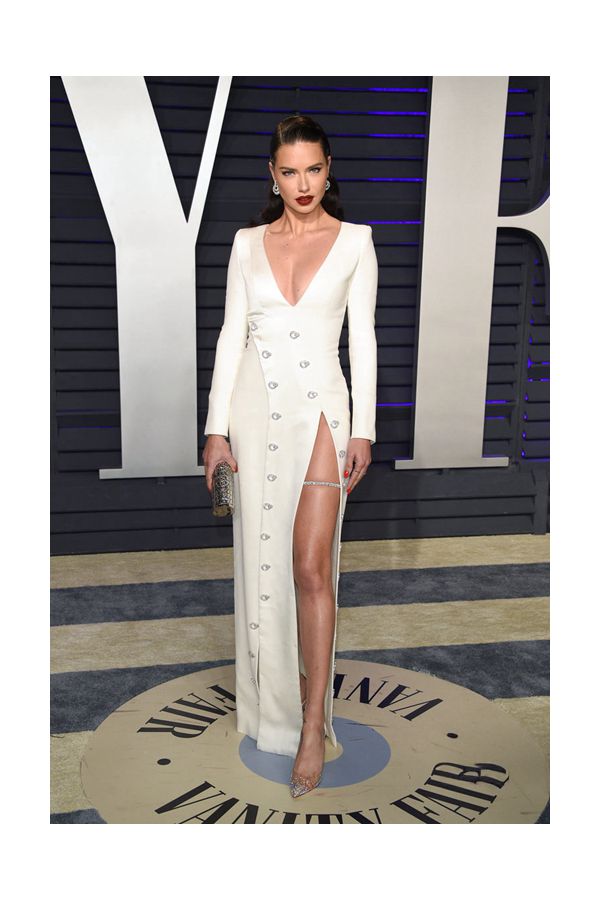 Ivory Temptress Adriana Lima Inspired White Deep V Neck Long Sleeve High Slit Sheath Celebrity Formal Prom Dress Oscars 2019 Party