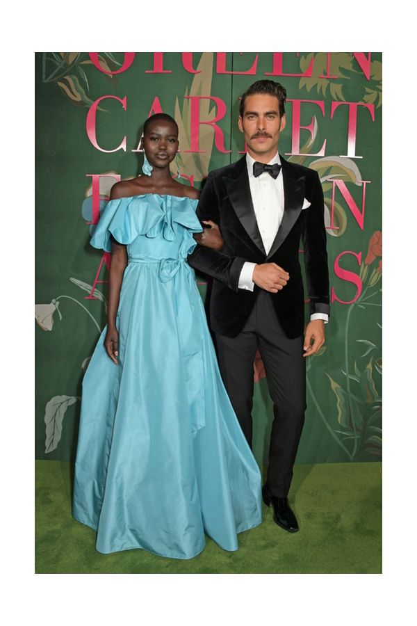 Adut Akech Blue Off the Shoulder Ruffled A Line Ball Gown Celebrity Dress Green Carpet Fashion Awards 2019