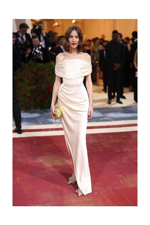 Alexa Chung Inspired Cream White Satin Off-the-shoulder Dress Met Gala 2022