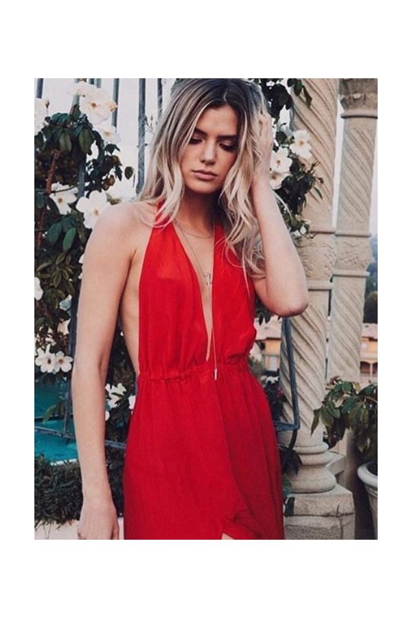 Alissa Violet Red Halter Plunging V-neck Backless Formal Prom Celebrity Dress with Slit