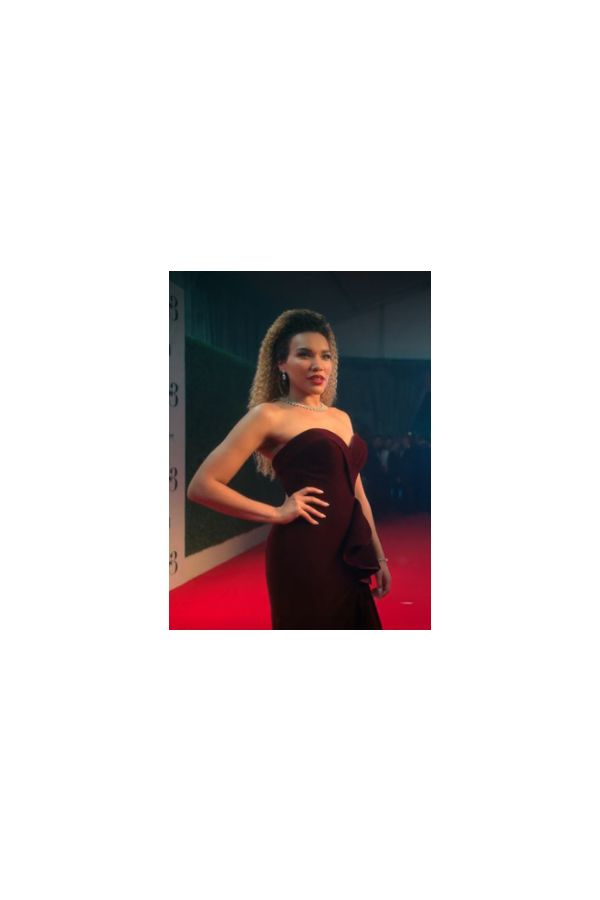 Allison Hargreeves Burgundy Strapless Velvet Dress with Ruffled Slit The Umbrella Academy
