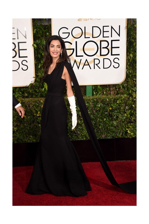 Amal Clooney Black One-Shoulder Formal Dress with Dramatic Train Golden Globes 2015