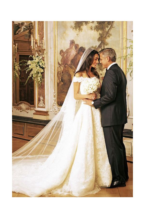 Amal Clooney Inspired Off-the-Shoulder Lace Celebrity Wedding Dress