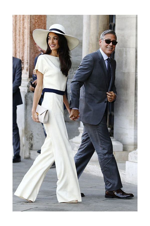 Amal Clooney White Bateau Neck Jumpsuit Celebrity Formal Pantsuit