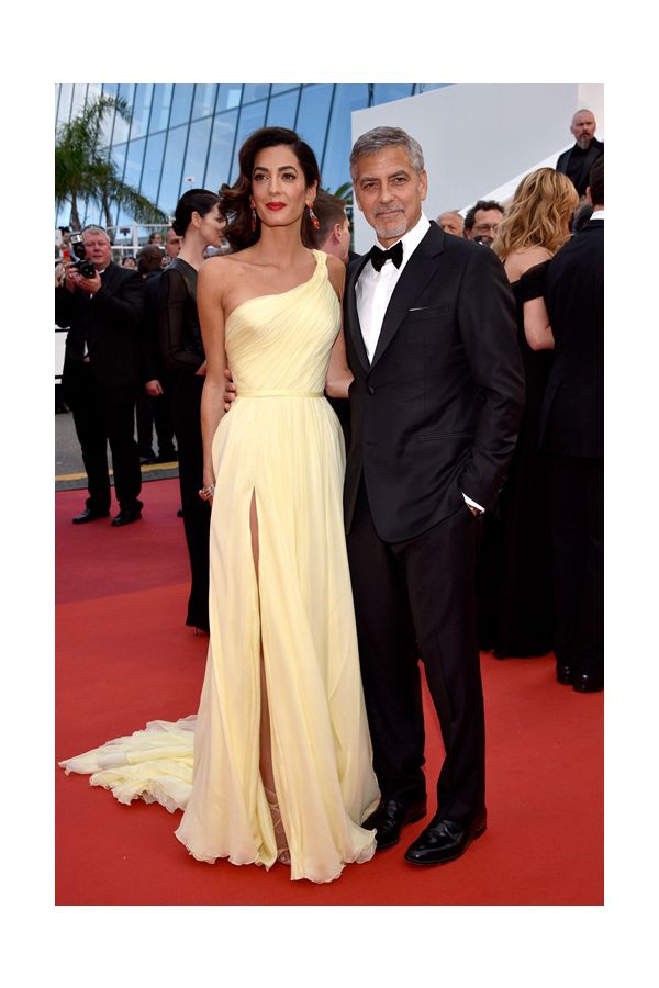 Ethereal Sunshine Amal Clooney Inspired Yellow Chiffon One Shoulder High Slit Sweep Train Celebrity Formal Prom Dress Cannes 2016