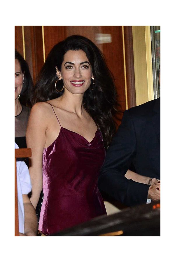 Amal Clooney Short Burgundy Velvet Cocktail Party Celebrity Dress