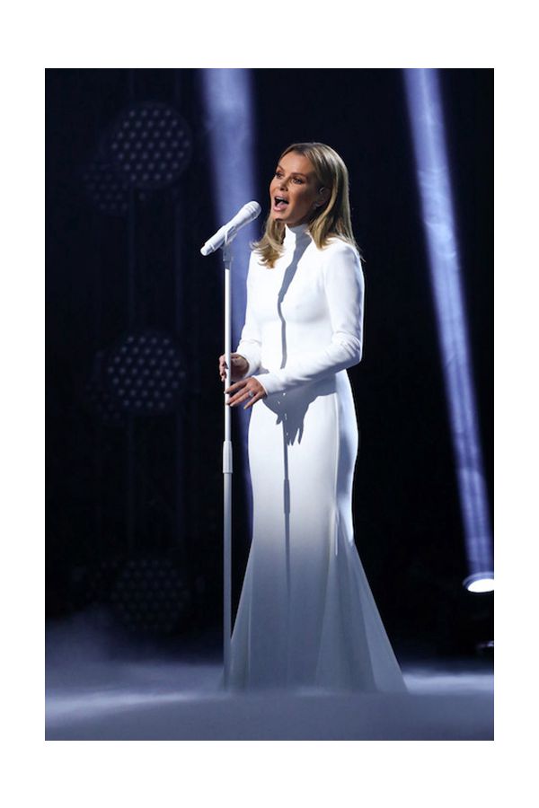 Amanda Holden Inspired White High-neck Long-sleeve Mermaid Formal Dress BGT 2020