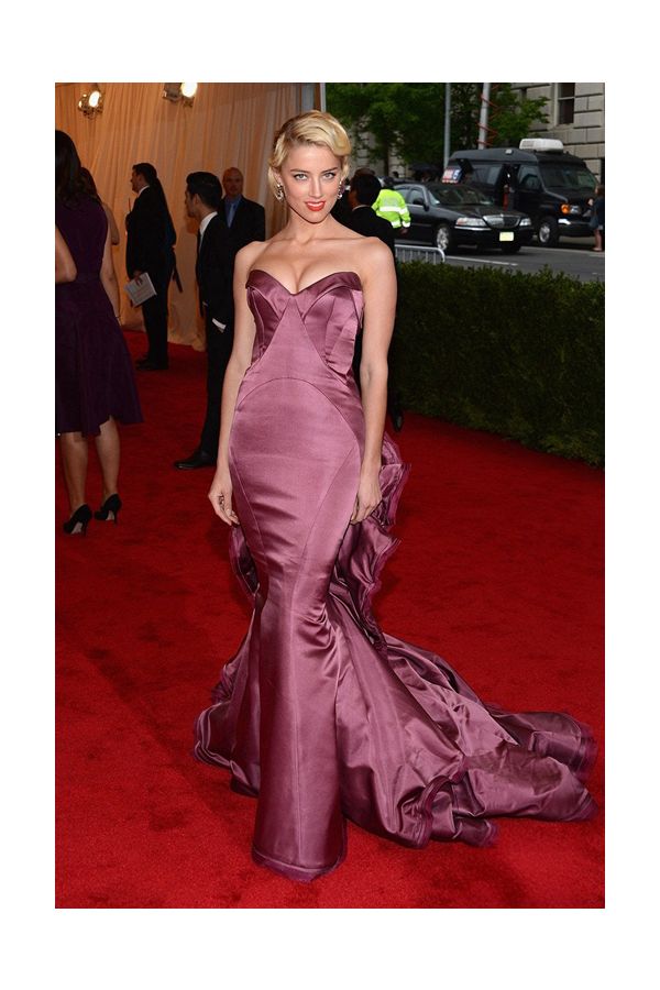 Amber Heard Plum Strapless Satin Mermaid Celebrity Formal Prom Dress Met Gala 2012
