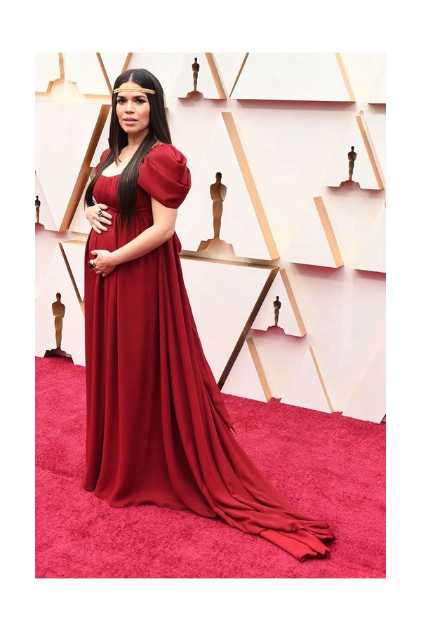 America Ferrera Red Short Sleeves Maternity Formal Celebrity Dress Oscars 2020